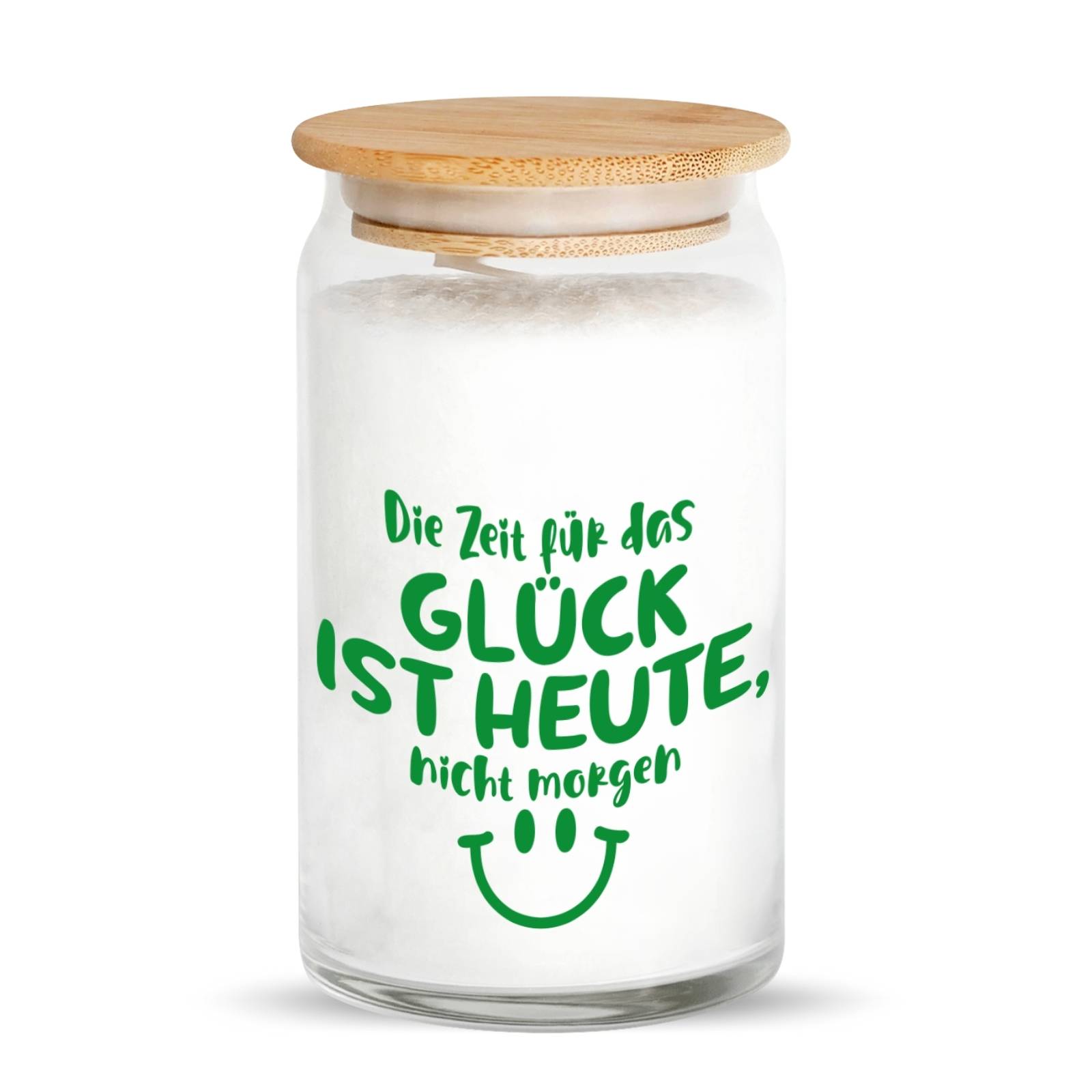 Motivkerze "Zeit für Glück" mit Holzdeckel